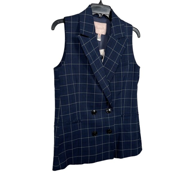 Anthropologie Hutch Longline Vest XXS Blueberry Windowpane Sleeveless Double - Picture 6 of 14